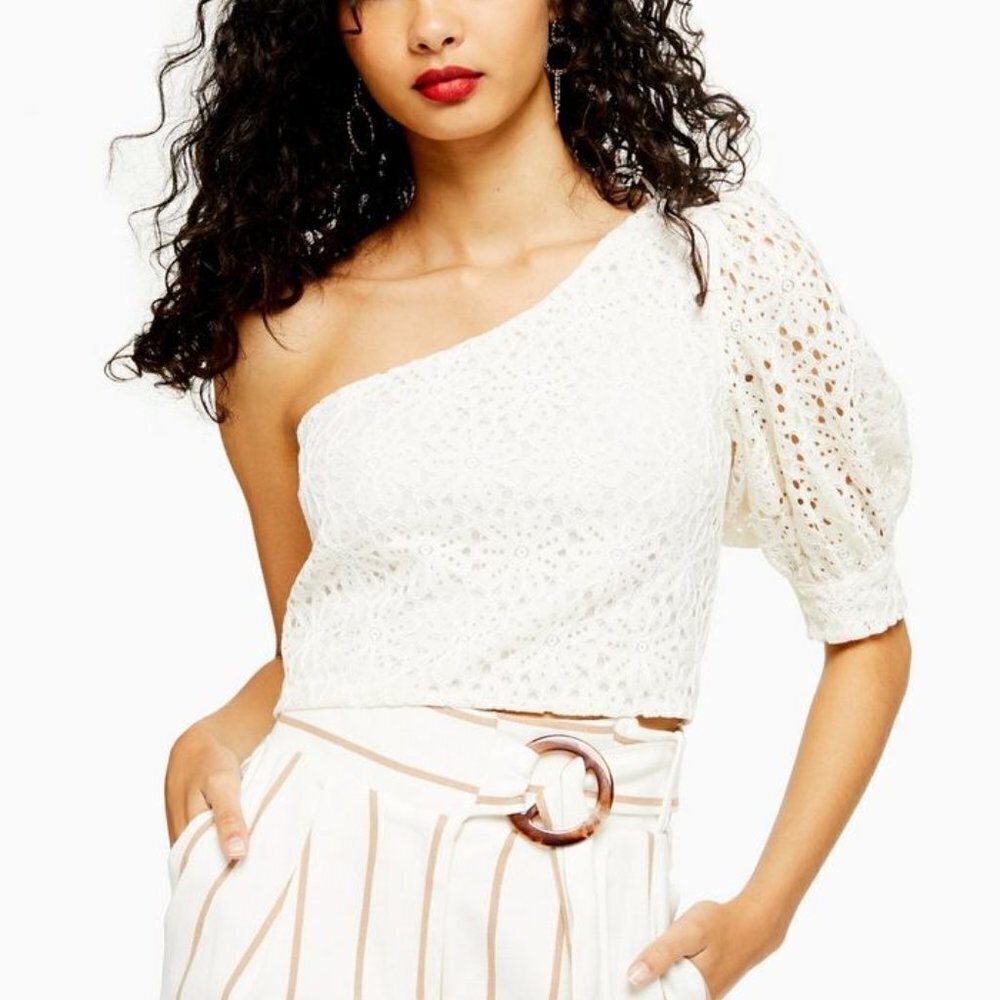 NEW Topshop US 4 One Shoulder Lace Crop Top Single Puff Sleeve
